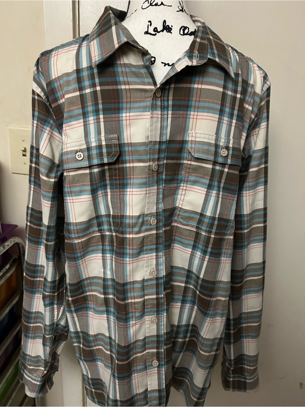 Mountain Hardwear Men's Plaid Button-Down Shirt in Brown, Blue, and White